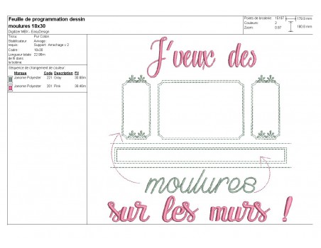 Motif de broderie  machine texte j'veux des moulures sur les murs