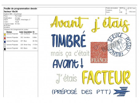 Motif de broderie machine  texte facteur