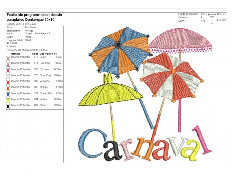 Motif de broderie machine parapluies carnaval de Dunkerque