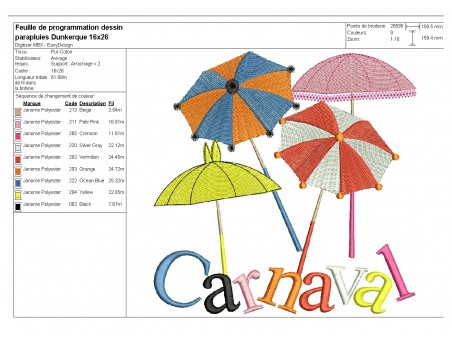 Motif de broderie machine parapluies carnaval de Dunkerque