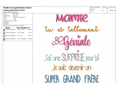 Motif de broderie  surprise mamie version grand frère