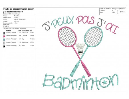 Motif de broderie machine texte j'peux pas j'ai  badminton