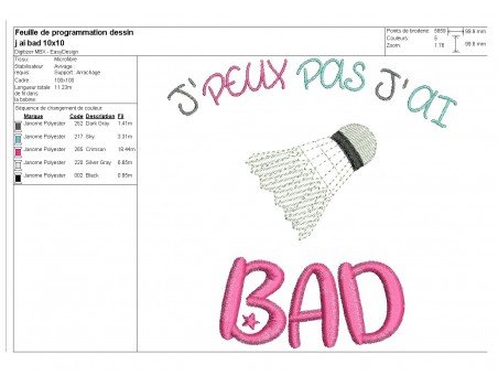 Motif de broderie machine texte j'peux pas j'ai  bad