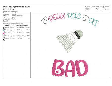 Motif de broderie machine texte j'peux pas j'ai  bad