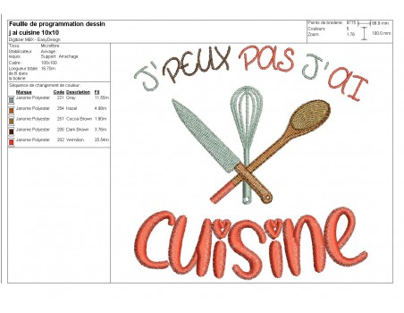 Motif de broderie machine texte j'peux pas j'ai  cuisine