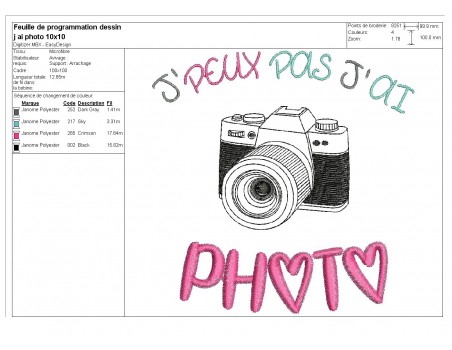 Motif de broderie machine texte j'peux pas j'ai  photo