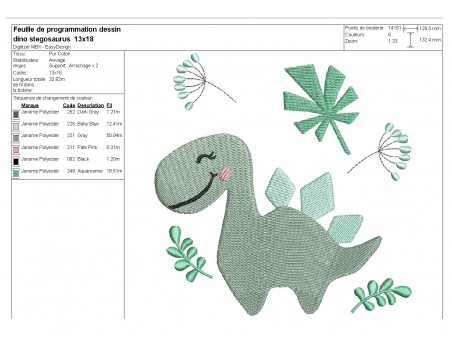 Motif de broderie machine dinosaure stégosaure