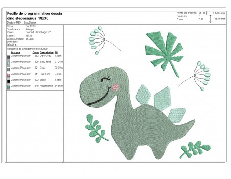 Motif de broderie machine dinosaure stégosaure