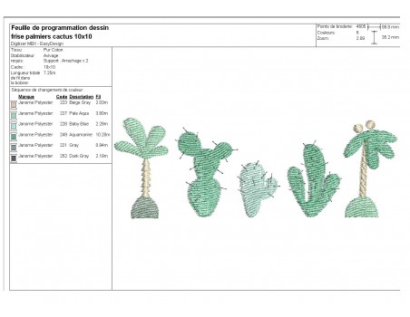 Motif de broderie machine frise palmiers cactus