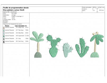 Motif de broderie machine frise palmiers cactus