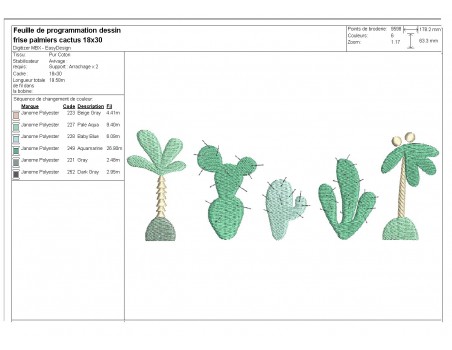 Motif de broderie machine frise palmiers cactus