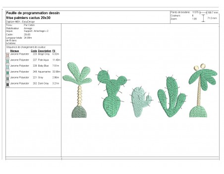 Motif de broderie machine frise palmiers cactus