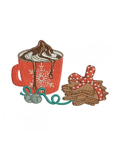 Motif de broderie machine chocolat chaud avec des  gâteaux sablés