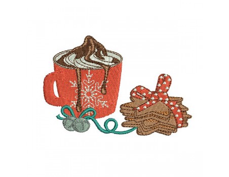 Motif de broderie machine chocolat chaud avec des  gâteaux sablés