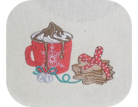 Motif de broderie machine chocolat chaud avec des  gâteaux sablés