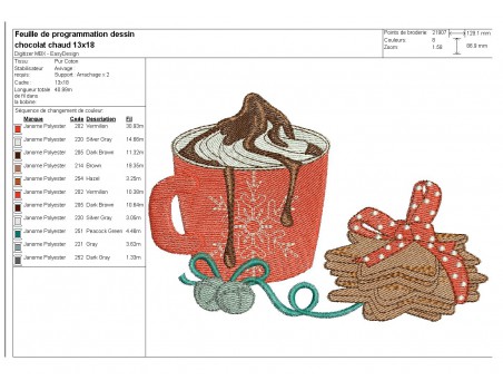 Motif de broderie machine chocolat chaud avec des  gâteaux sablés