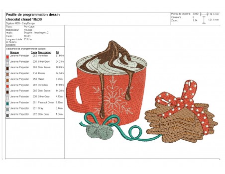 Motif de broderie machine chocolat chaud avec des  gâteaux sablés