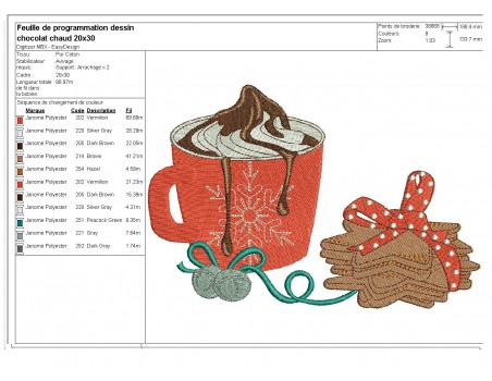 Motif de broderie machine chocolat chaud avec des  gâteaux sablés