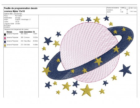 Motif de broderie machine planète étoilée en mylar