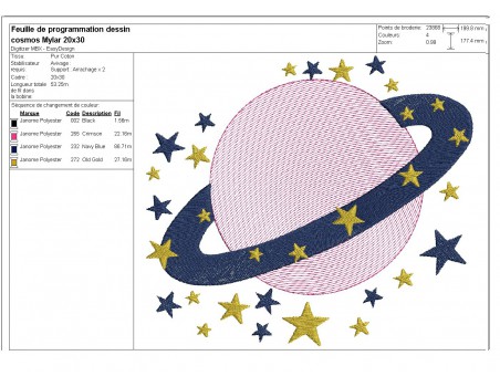 Motif de broderie machine planète étoilée en mylar