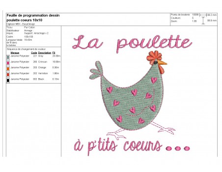 Motif de broderie machine  poule à p'tits coeurs