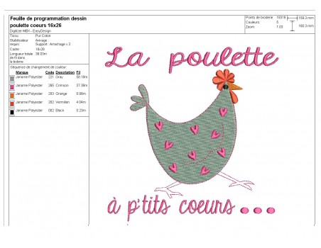 Motif de broderie machine  poule à p'tits coeurs