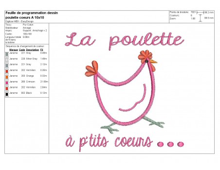 Motif de broderie machine appliqué poule à p'tits coeurs