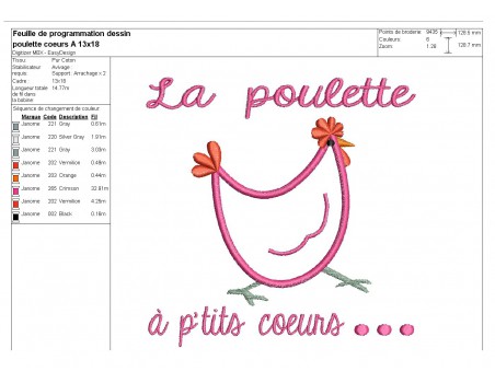 Motif de broderie machine appliqué poule à p'tits coeurs