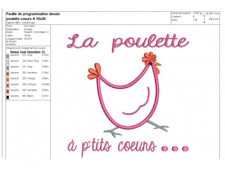 Motif de broderie machine appliqué poule à p'tits coeurs