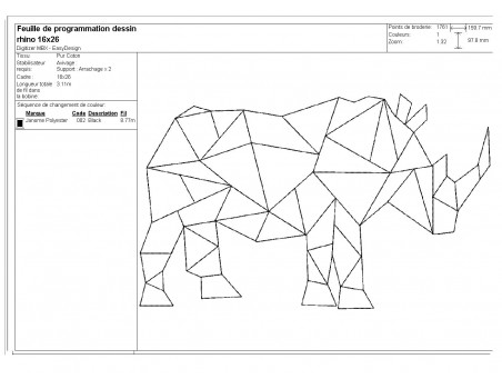 Motif de broderie machine rhinocéros origami