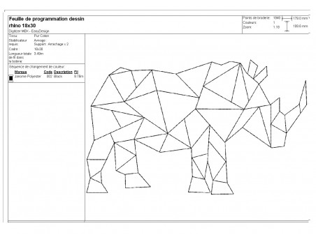 Motif de broderie machine rhinocéros origami