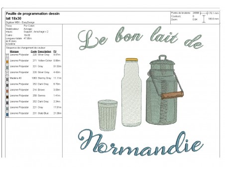 Motif de broderie machine lait de Normandie