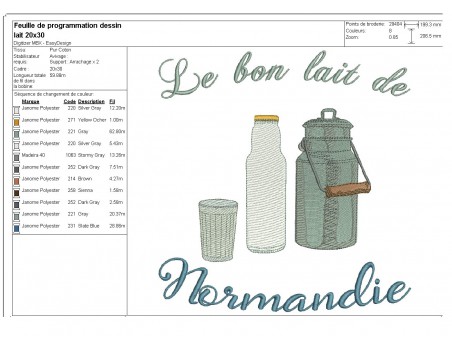 Motif de broderie machine lait de Normandie