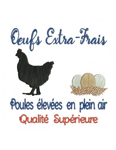 Motif de broderie machine  poule et  oeufs extra-frais