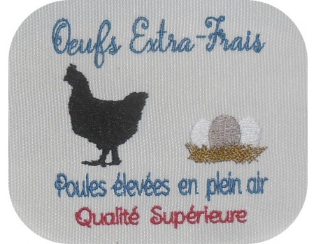 Motif de broderie machine  poule et  oeufs extra-frais