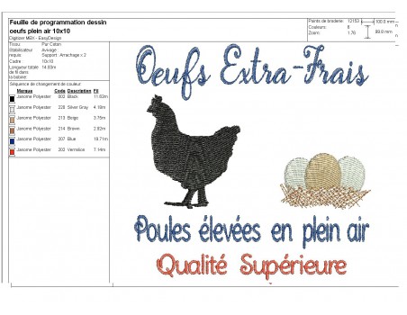 Motif de broderie machine  poule et  oeufs extra-frais