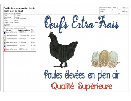 Motif de broderie machine  poule et  oeufs extra-frais