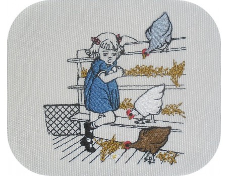 Motif de broderie machine fillette  ramassant des oeufs