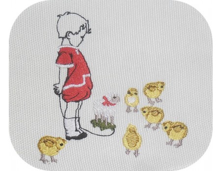 Instant download machine embroidery  design girl collecting chicken eggs