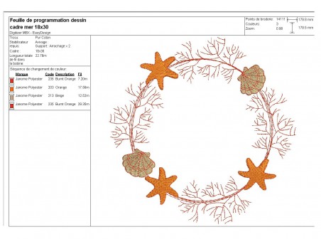 Motif de broderie machine cadre mer corail