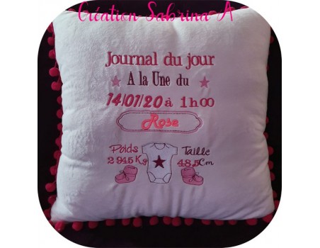 Motif de broderie machine journal de naissance personnalisable