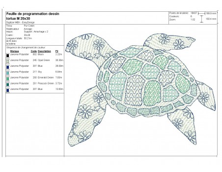 Motif de broderie machine tortue de mer en mylar