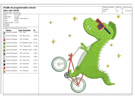 Motif de broderie machine dinosaure à vélo