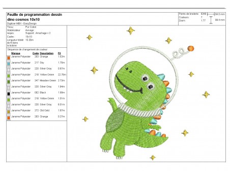 Motif de broderie machine dinosaure cosmonaute