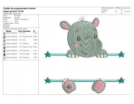 Motif de broderie machine hippopotame prénom garçon