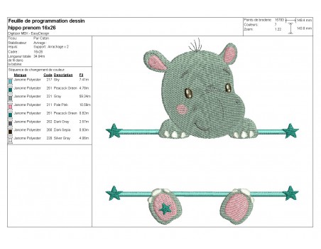 Motif de broderie machine hippopotame prénom garçon