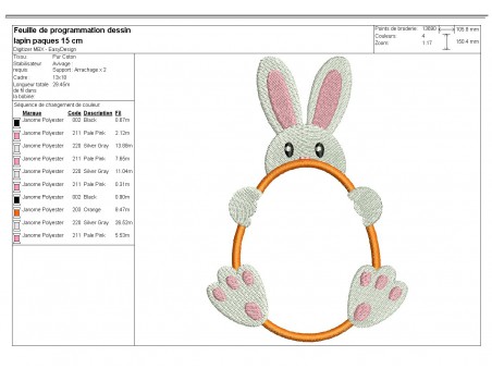 Motif de broderie machine oeuf lapin de Pâques