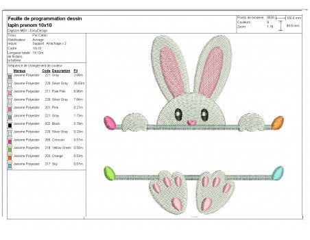 Motif de broderie machine  lapin prénom de Pâques