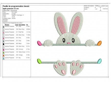 Motif de broderie machine  lapin prénom de Pâques