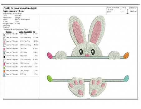 Motif de broderie machine  lapin prénom de Pâques